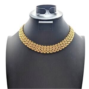 Vintage Gold Tone 3/4" Wide Basket Weave Chain Collar Necklace